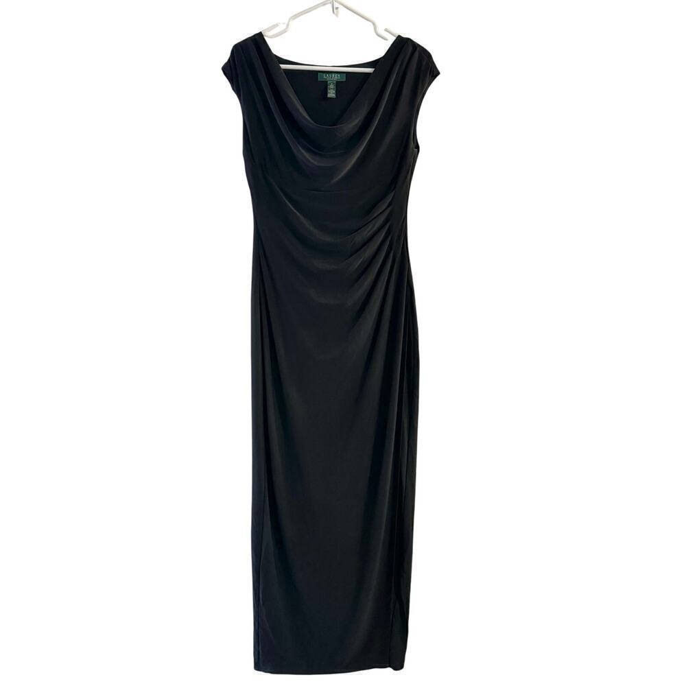 Lauren Ralph Lauren Cowl Neck Sheath Black Long Dress Sz 6 Classic Timeless